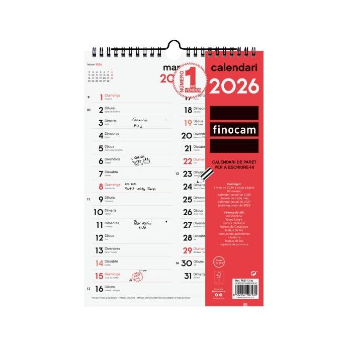 Finocam Calendario de Pared en Catalan - Anual 2026 - Espacio para Escribir - Formato M - 210x6x305mm - Dos Columnas - Color Blanco y Rojo