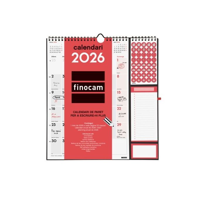 Finocam Calendario de Pared en Catalan - Anual 2026 - Anilla Portaboligrafo - 300x11x335mm - Espacio para Escribir - Color Blanco y Rojo