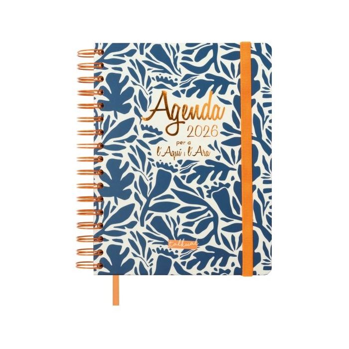 Finocam Talkual Agenda de Espiral en Catalan - Anual 2026 - Tapa Dura - Cierre de Goma - Formato 1/4 - 155x217mm - Semana Vista Horizontal - Color Azul y Naranja