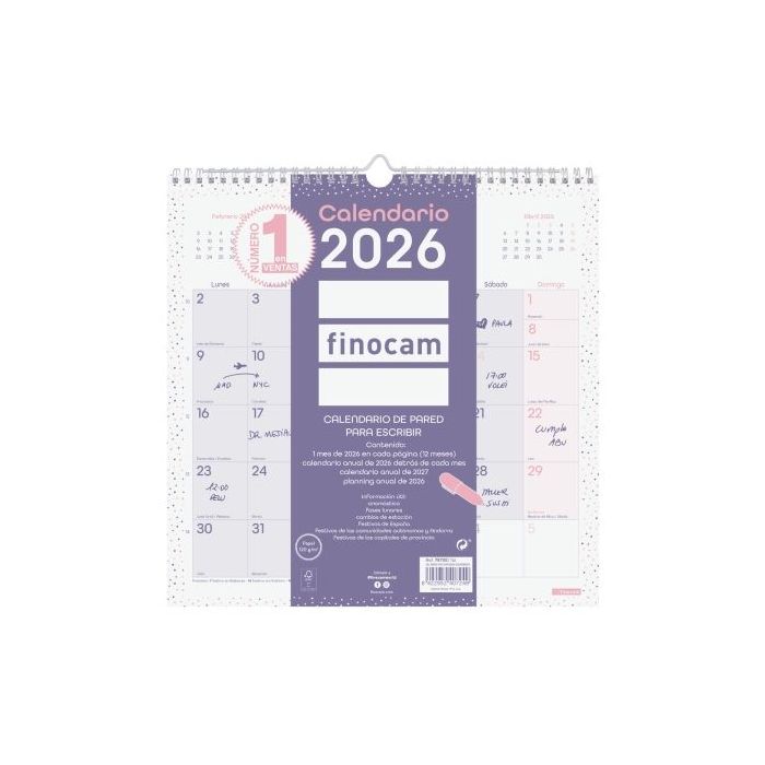 Finocam Chic Calendario de Pared - Anual 2026 - 300x5x310mm - Espacio para Escribir - Color Morado