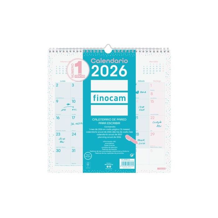Finocam Chic Calendario de Pared - Anual 2026 - 300x5x310mm - Espacio para Escribir - Color Turquesa
