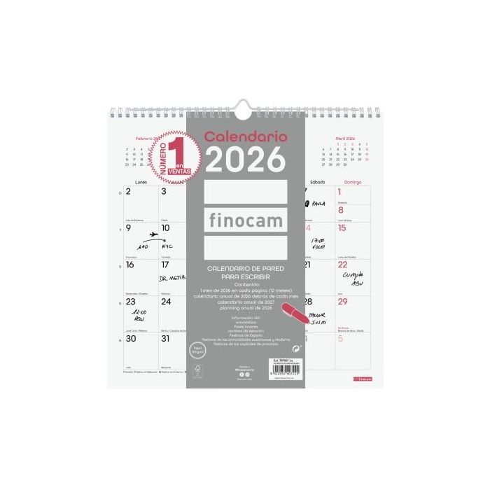 Finocam Chic Calendario de Pared - Anual 2026 - 300x5x310mm - Espacio para Escribir - Color Blanco