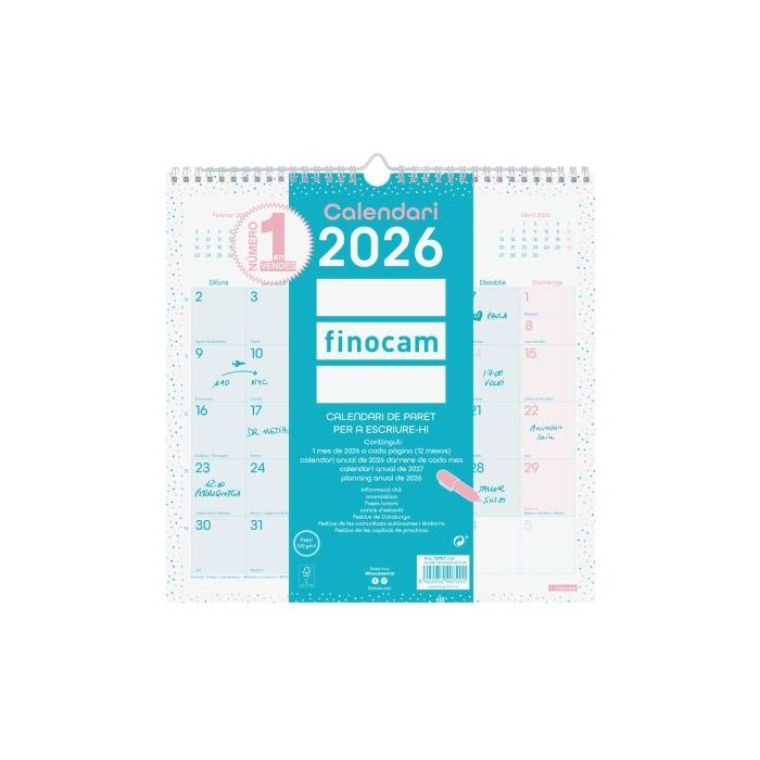Finocam Chic Calendario de Pared en Catalan - Anual 2026 - 300x5x310mm - Espacio para Escribir - Color Turquesa