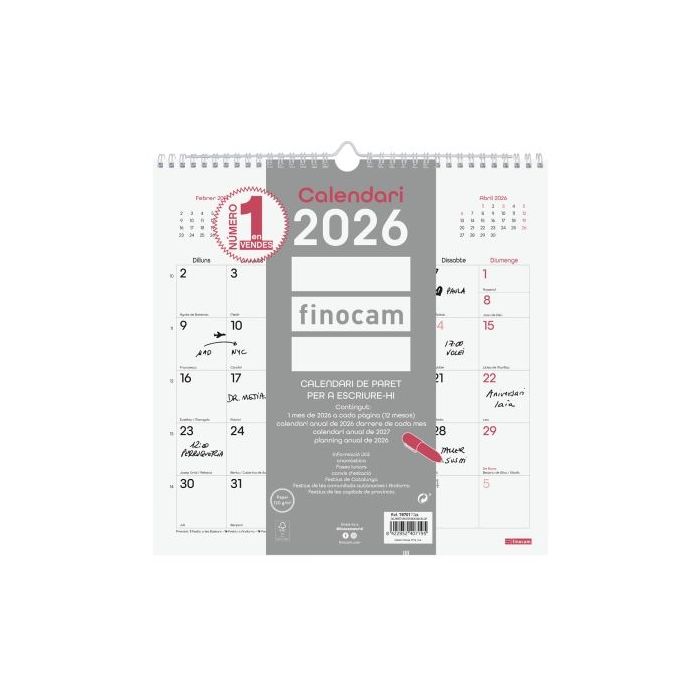 Finocam Chic Calendario de Pared en Catalan - Anual 2026 - 300x5x310mm - Espacio para Escribir - Color Blanco