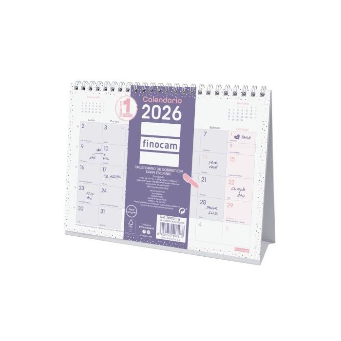 Finocam Chic Calendario de Sobremesa - Anual 2026 - 210x70x155mm - Espacio para Escribir - Color Morado