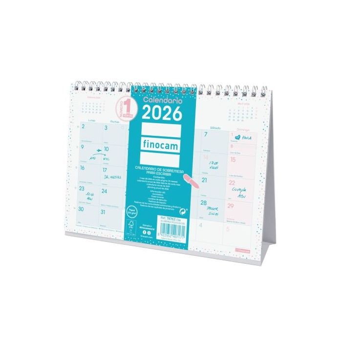 Finocam Chic Calendario de Sobremesa - Anual 2026 - 210x70x155mm - Espacio para Escribir - Color Turquesa