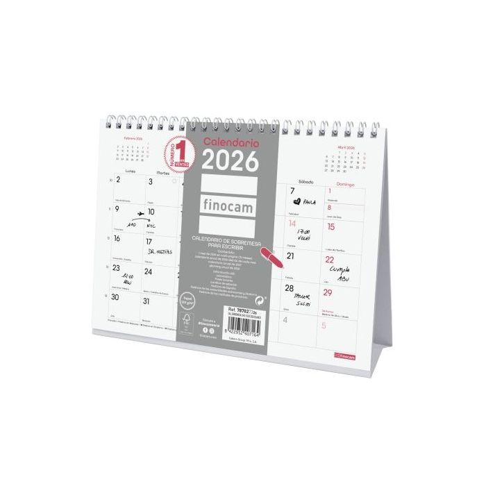 Finocam Chic Calendario de Sobremesa - Anual 2026 - 210x70x155mm - Espacio para Escribir - Color Blanco