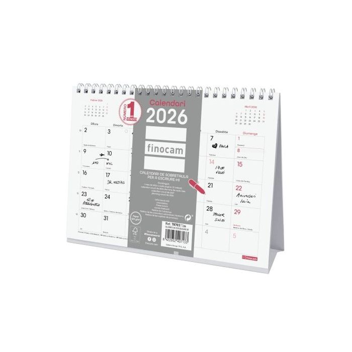 Finocam Chic Calendario de Sobremesa en Catalan - Anual 2026 - 210x70x155mm - Espacio para Escribir - Color Blanco