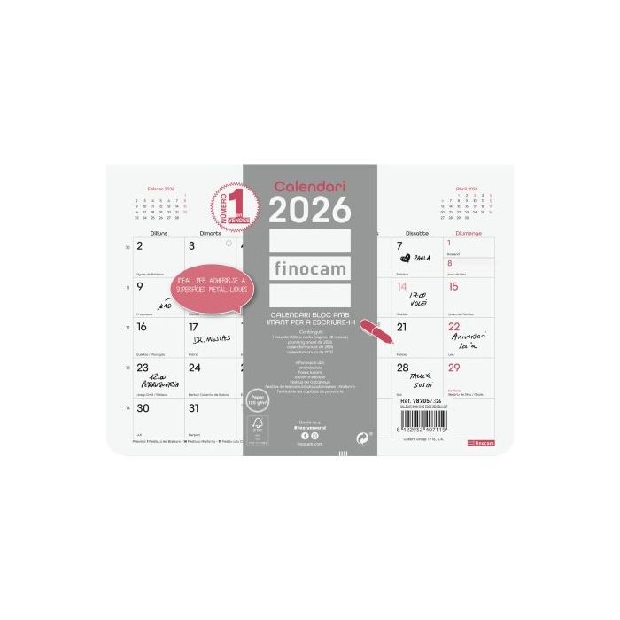 Finocam Chic Calendario Imantado en Catalan - Anual 2026 - Bloc Encolado - 210x6x150mm - Espacio para Escribir - Color Blanco