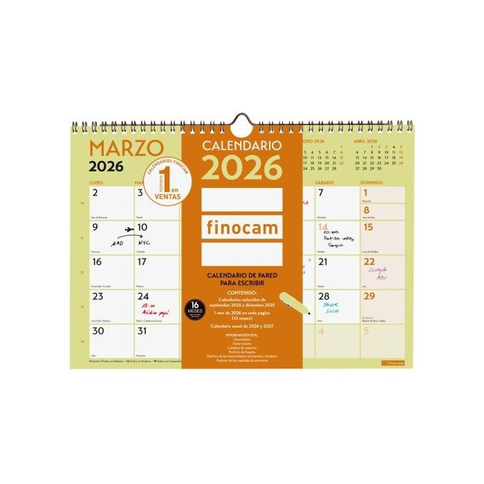 Finocam Grafik Calendario de Pared - Anual 2026 - 297x10x212mm - Espacio para Escribir - Color Surtidos