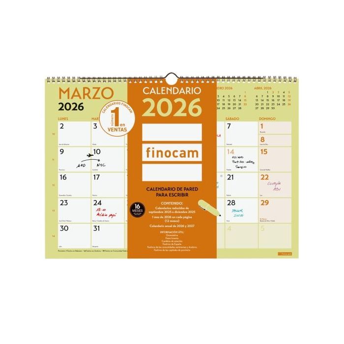 Finocam Grafik Calendario de Pared - Anual 2026 - 420x10x300mm - Espacio para Escribir - Color Surtidos