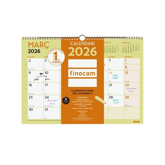 Finocam Grafik Calendario de Pared en Catalan - Anual 2026 - 420x10x300mm - Espacio para Escribir - Color Surtidos