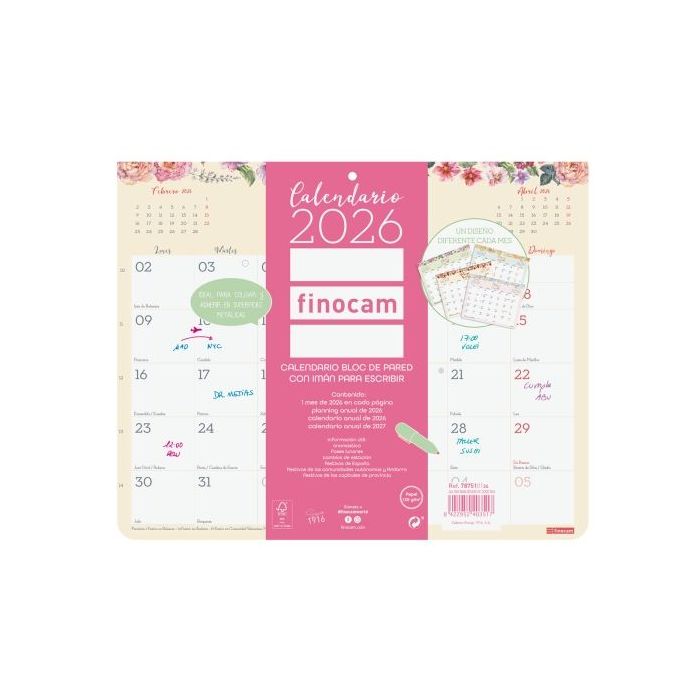 Finocam Design Calendario Imantado - Anual 2026 - Bloc Encolado - 250x6x200mm - Espacio para Escribir - Color Surtidos