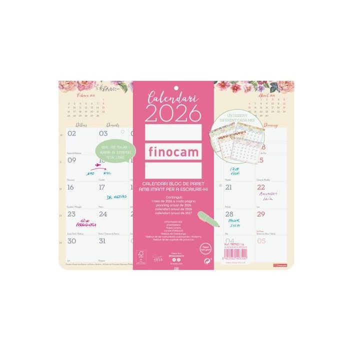 Finocam Design Calendario Imantado en Catalan - Anual 2026 - Bloc Encolado - 250x6x200mm - Espacio para Escribir - Color Surtidos