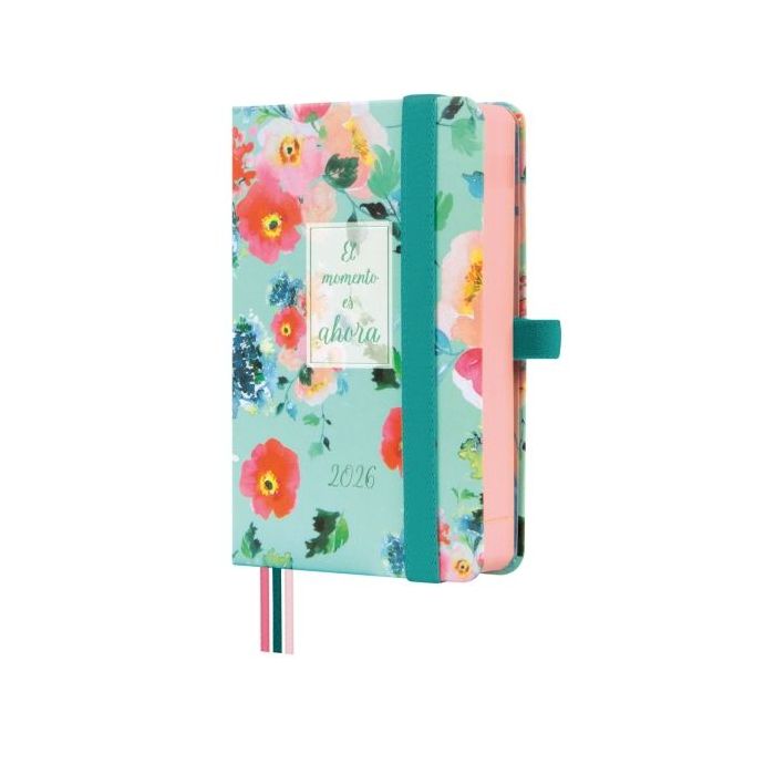 Finocam Minimal Design Agenda - Anual 2026 - Tapa Dura - Cierre con Goma Elastica - Formato M2 - 86x25x132mm - 1 Dia por Pagina - Tematica de Flores