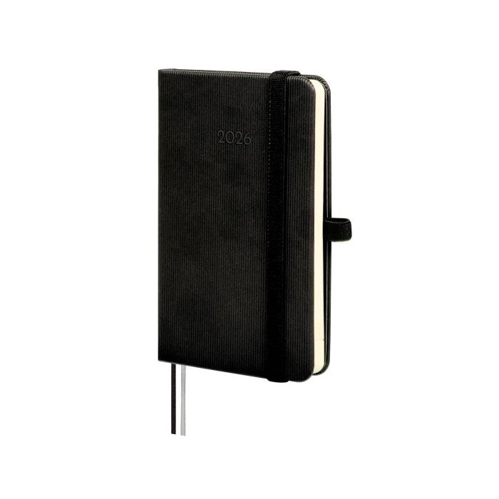 Finocam Minimal Textura Agenda en Catalan - Anual 2026 - Tapa Dura - Cierre con Goma Elastica - Formato M2 - 86x17x132mm - Semana Vista Horizontal - Color Negro