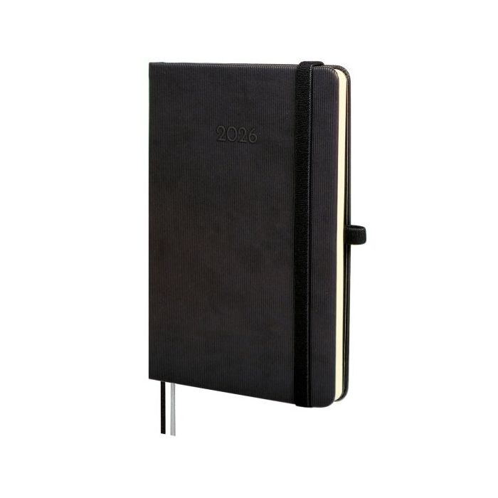 Finocam Minimal Textura Agenda en Catalan - Anual 2026 - Tapa Dura - Cierre con Goma Elastica - Formato M4 - 124x16x174mm - Semana Vista Horizontal - Color Negro