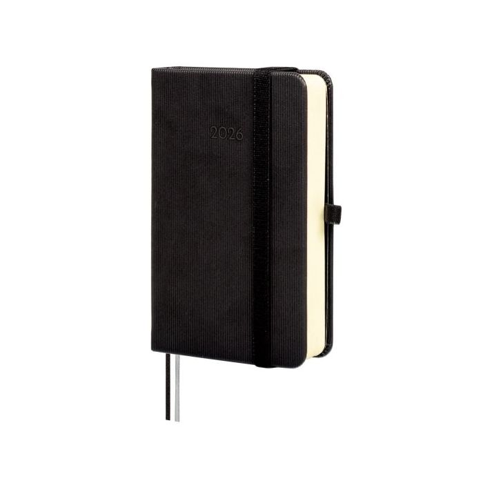 Finocam Minimal Textura Agenda - Anual 2026 - Tapa Dura - Cierre con Goma Elastica - Formato M2 - 86x27x132mm - 1 Dia por Pagina - Color Negro
