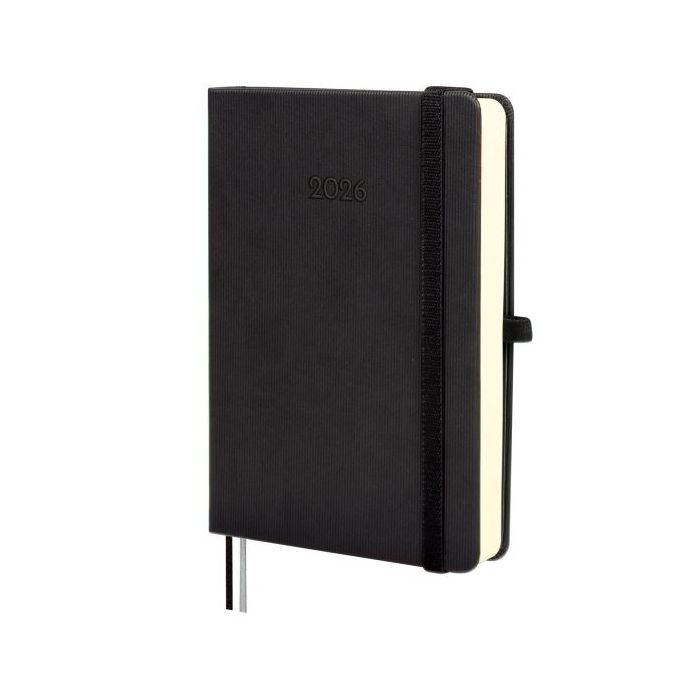 Finocam Minimal Textura Agenda en Catalan - Anual 2026 - Tapa Dura - Cierre con Goma Elastica - Formato M4 - 124x27x174mm - 1 Dia por Pagina - Color Negro