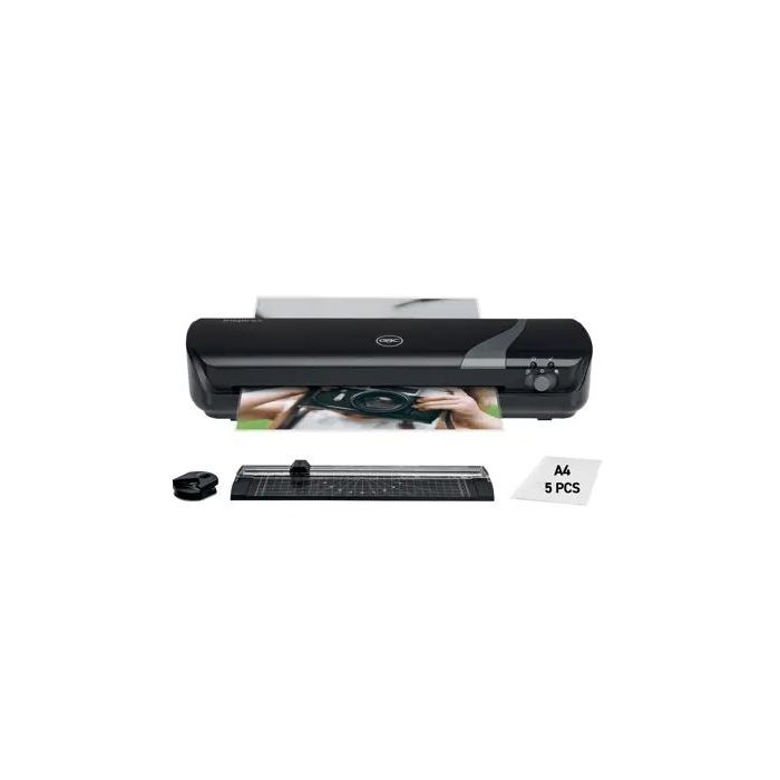 GBC Inspire+ A4 Set de Plastificadora + Recortadora de Esquinas + Cizalla + Paquete de 5 Bolsas de Plastificacion A4 - Hasta Tamaño A4 - Velocidad 250mm/min - Calentamiento en 4 Minutos - Ajuste Adicional Frio - Grueso Bolsa 75 y 125mic - Color Negro
