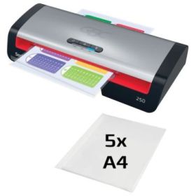 GBC 250 Home Office A4 Plastificadora - Calentamiento en 1 Minuto - Desde Documentos de Identidad hasta Documentos A4 - Compatible con Bolsas de 75 a 125 micras - Color Negro/Plata
