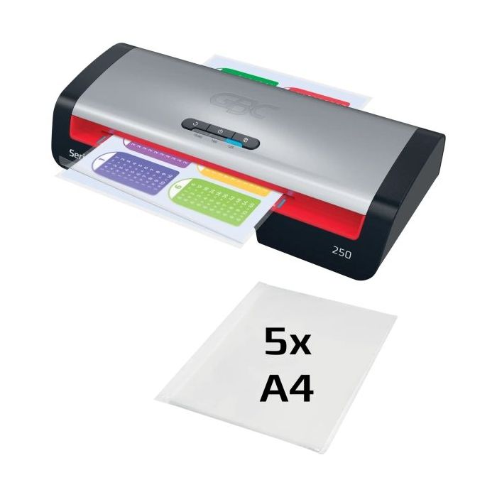 GBC 250 Home Office A4 Plastificadora - Calentamiento en 1 Minuto - Desde Documentos de Identidad hasta Documentos A4 - Compatible con Bolsas de 75 a 125 micras - Color Negro/Plata