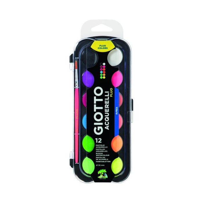 Giotto Fluo Pack de 12 Acuarelas - 1 Pincel Incluido - Diametro Pastilla 30mm - Colores Fluorescentes