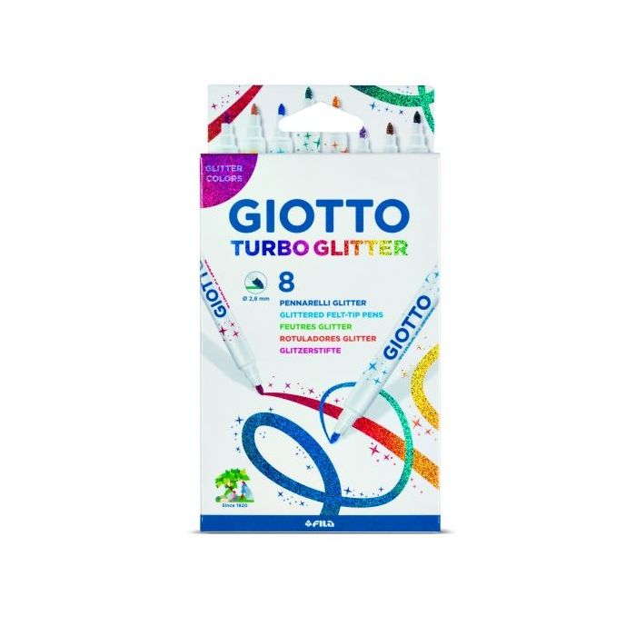 Giotto Turbo Glitter Pack de 8 Rotuladores con Tinta de Purpurina - Punta Fina 2.8mm - Colores Surtidos