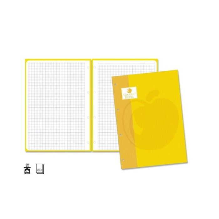 Golden Extra Recambio de 80 Hojas 90gr Cuadricula 4x4 - Formato A4 - 4 Taladros y Banda de Color Amarillo