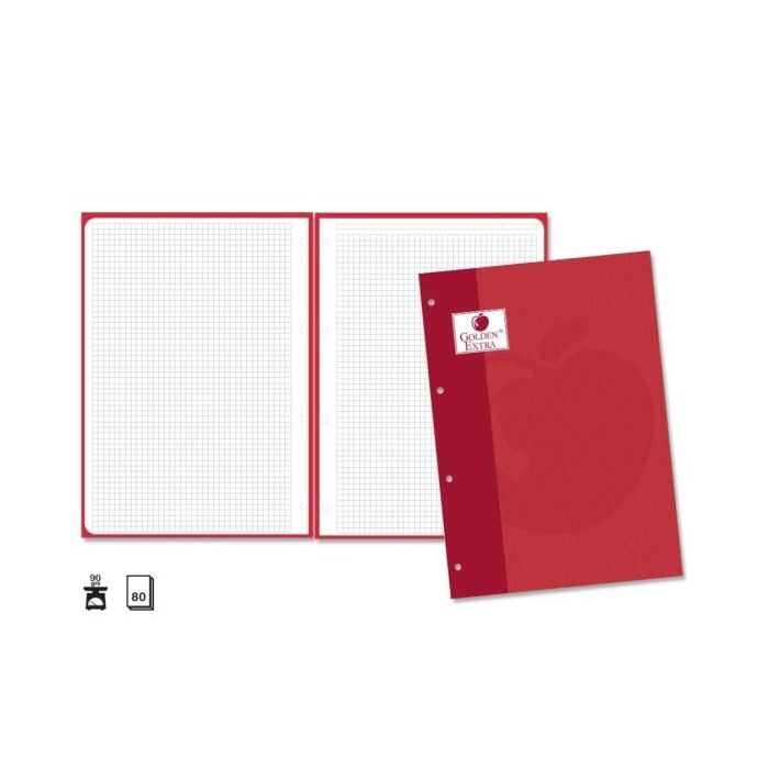 Golden Extra Recambio de 80 Hojas 90gr Cuadricula 4x4 - Formato A4 - 4 Taladros y Banda de Color Rojo