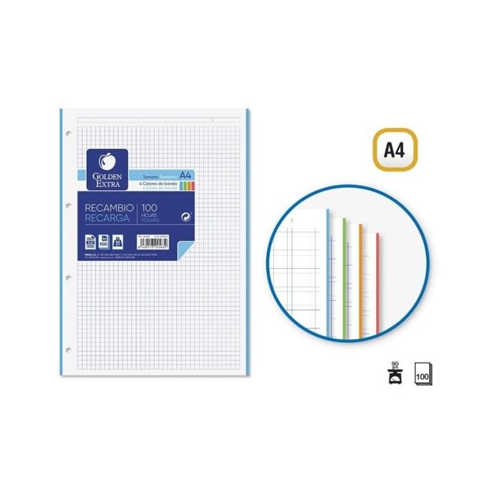 Golden Extra Recambio de 100 Hojas 90gr Cuadricula 5x5 - Formato A4 - 4 Taladros y Bandas de Color