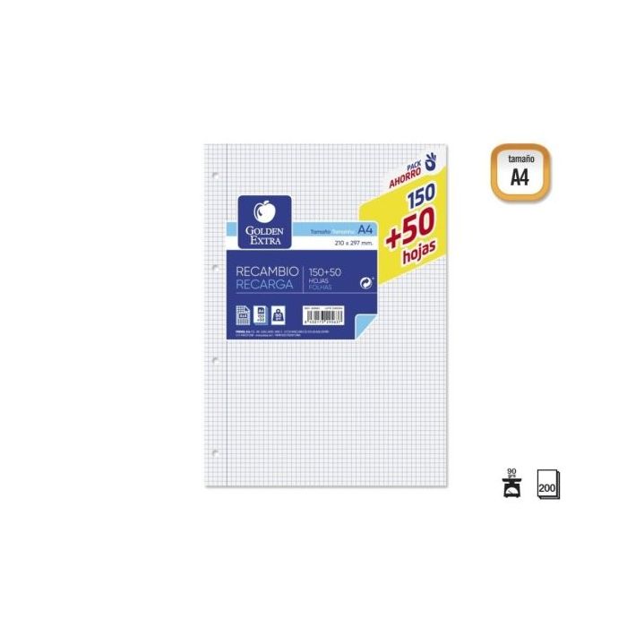Golden Extra Recambio de 200 Hojas 90gr Cuadricula 4x4 - Formato A4 - 4 Taladros
