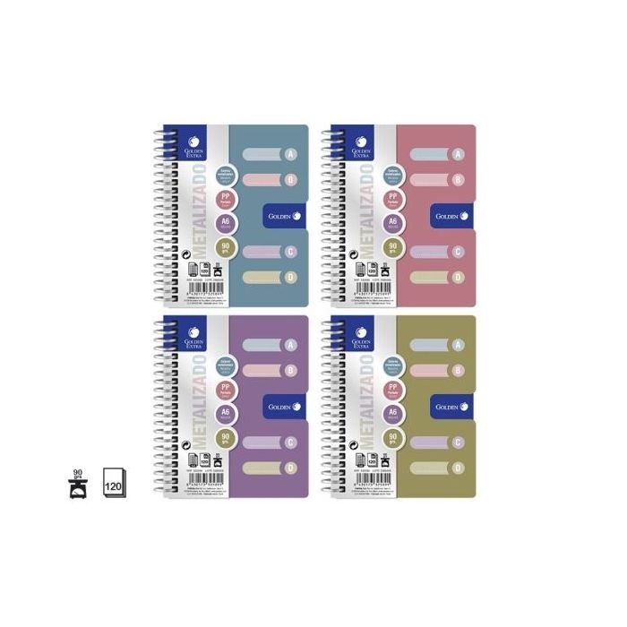 Golden Pack de 12 Cuadernos A6 120 Hojas 90gr Cuadricula 5x5 - Tapa Polipropileno - 4 Separadores - Colores Metalizados Surtidos