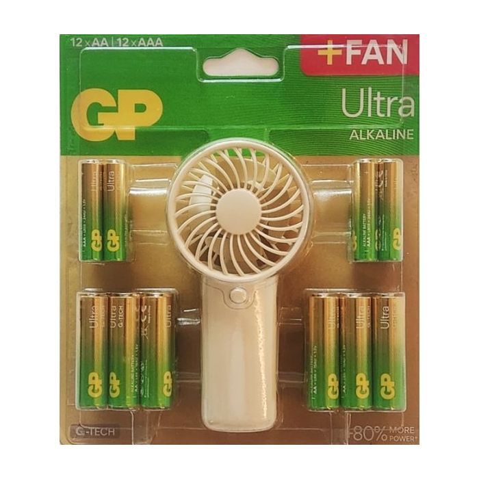 GP Ultra Alcalina Pack de 12 Pilas AAA + 12 Pilas AA + Ventilador de Mano de Regalo