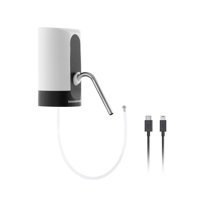 Innovagoods Dispensador de Agua Automatico - Libre de BPA - Recargable USB - Compatible con Garrafas - Incluye Adaptador - Bateria 1200mAh - 7x13x16cm - Color Blanco y Negro