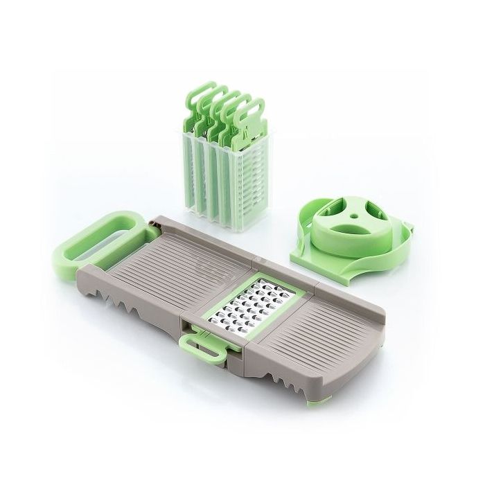Innovagoods Choppie Mandolina 6 en 1 con Rallador - Plegable - Multifuncion - Incluye Accesorios - Facil Limpieza - Compacto y Ligero - Seguro - 14.5x14x16cm - Color Verde y Gris