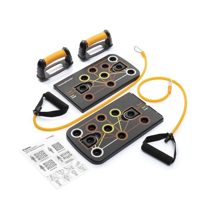 Innovagoods Pulsher Set de Entrenamiento con Bandas de Resistencia - Guia de Ejercicios - Desmontable - Antideslizante - Soporta hasta 100kg - 67x19x2cm - Color Negro y Amarillo