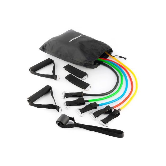 Innovagoods Rebainer Set de 5 Bandas de Resistencia con Accesorios - Resistencia Ajustable - Guia de Ejercicios - Portatil - Mangos de Espuma - Accesorios Incluidos - Colores Segun Nivel -