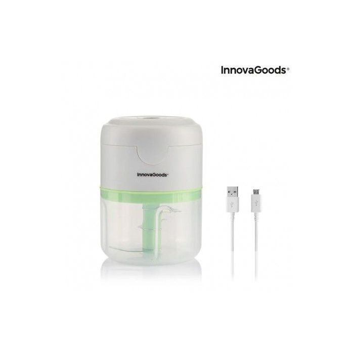 Innovagoods Echoppie Mini Picadora Recargable - Potencia 40W - Capacidad 250ml - Cuchillas de Acero Inoxidable - Bateria de 1300mAh - Velocidad de 30.000rpm - Color Gris, Verde y Transparente