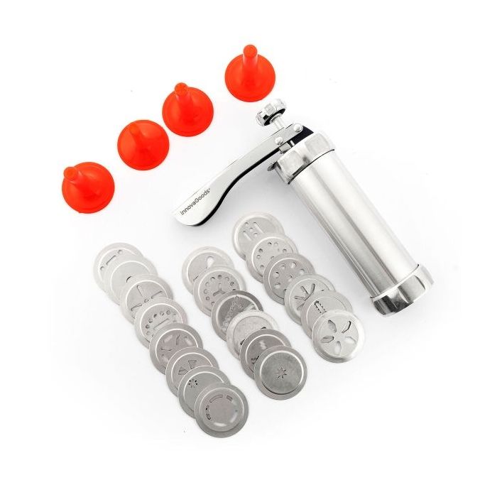 Innovagoods Prekies Maquina para Masa de Galletas 2 en 1 - Manga Pastelera - Incluye Plantillas - Facil Limpieza - Mango Ergonomico - Desmontable - Incluye Receta - 14x21.5x5.9cm - Color Gris
