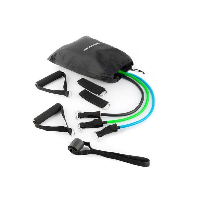 Innovagoods Tribainer Set de 3 Bandas de Resistencia con Accesorios - Resistencia Ajustable - Guia de Ejercicios - Portatil - Mangos de Espuma - Mosquetones Metalicos - Colores Segun Nivel -