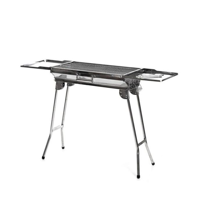 Innovagoods ExelQ Barbacoa Portatil de Acero Inoxidable - Plegable - Parrilla Extraible de 57X29cm - Asas de Transporte - Paraviento - Capacidad hasta 1.5kg de Carbon - 81x73x33cm - Color Gris