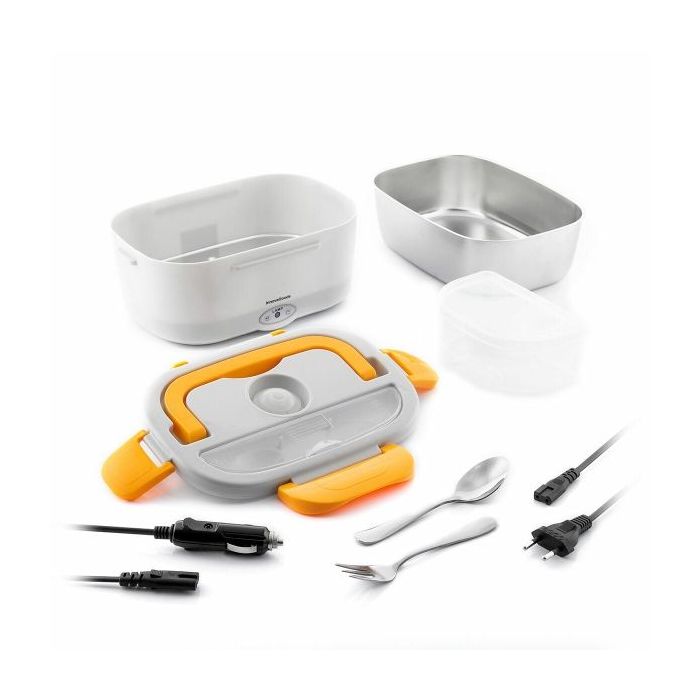 Innovagoods Lunffi Fiambrera Electrica - Capacidad 1.5L - Temperatura hasta 90°C - Potencia 60W - Cables Extraibles - Recipiente de Acero Inoxidable - Tapa con Valvula - Color Naranja y Blanco