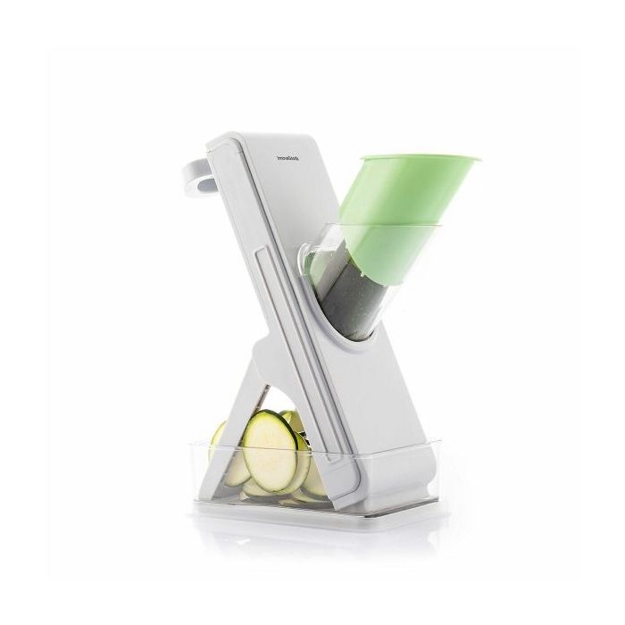 Innovagoods Slichen Mandolina Cortadora de Verduras 5 en 1 - Cuchillas Intercambiables - Plegable - Incluye Recipiente - Facil Limpieza - Seguro - 10x26.5x22cm - Color Gris, Verde y Transparente