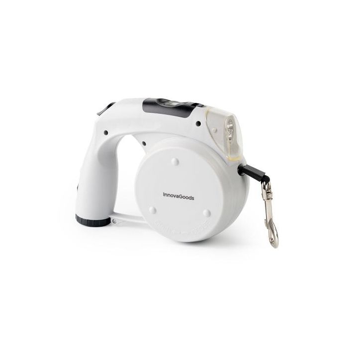Innovagoods Leashic Correa Retractil 6 en 1 - Luz LED - Reloj - Compartimento de Bolsas y Comida - Bebedero - Extension hasta 4m - Apto hasta 35kg - Incluye Bolsas - 18x13.5x7.5cm - Color Gris y Negro