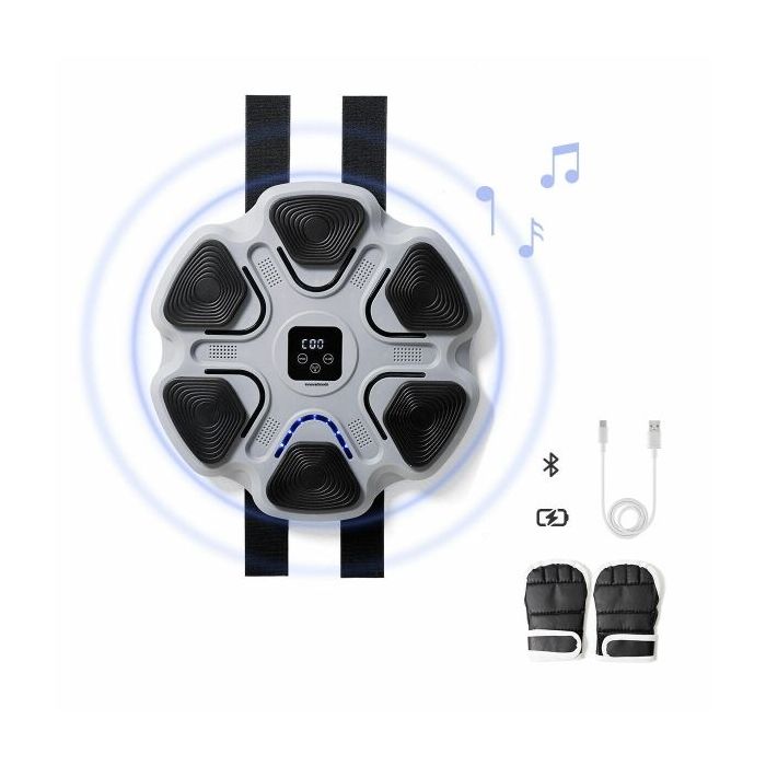 Innovagoods Beatfist Maquina de Boxeo Musical con 6 Paneles - Bluetooth - Pantalla Digital - Luces LED - Guantes Incluidos - 9 Velocidades - 37.5x37.5x5cm - Color Gris y Negro