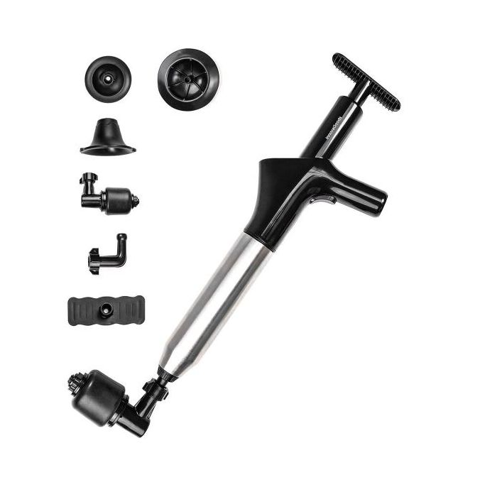 Innovagoods Jetpro Desatascador de Aire Comprimido 5 en 1 con Accesorios - Alta Presion - Acero Inoxidable - Manometro Incluido - Presion Ajustable - Color Negro