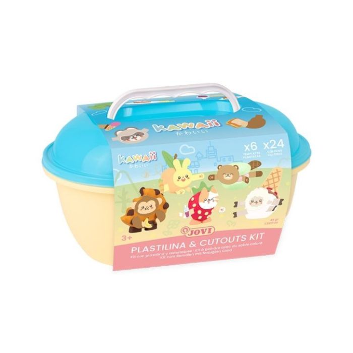 Jovi Kawaii Cofre con 24 Barras de Plastilina 15gr + Modeladores + Recortables - Sin Gluten - Base Vegetal - No se Seca - Colores Surtidos