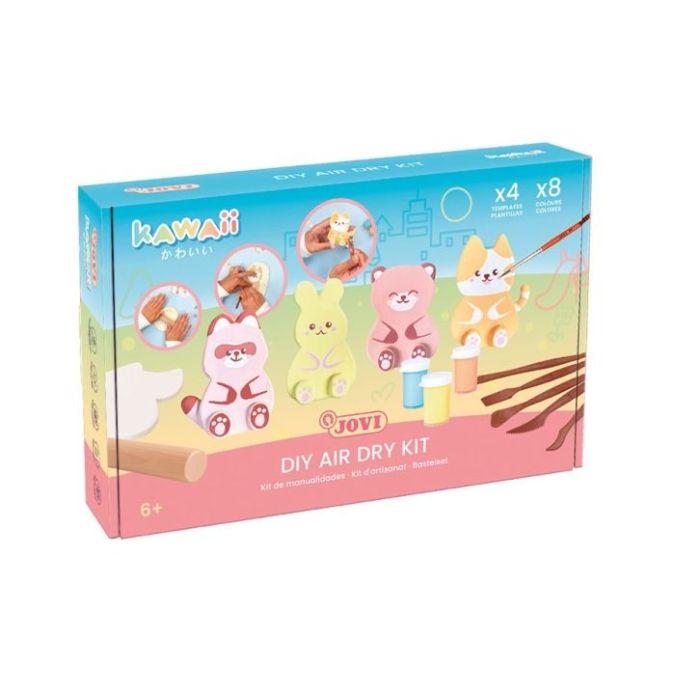 Jovi Kawaii Air Dry Kit con Pasta Endurecible 500gr + 4 Plantillas + Pinturas + Complementos - Facil de Moldear - Colores Surtidos