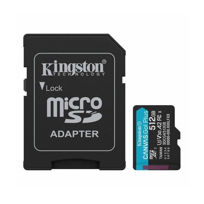 Kingston Tarjeta Micro SDXC 512GB UHS-I U3 V30 Clase 10 200MB/s Canvas Go Plus con Adaptador